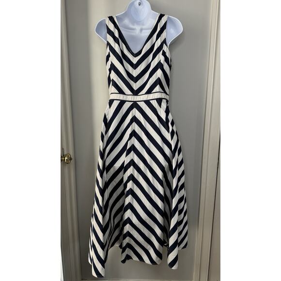 Polo Ralph Lauren Chevron-Stripe Cotton Midi Dress Womens 14 Navy Old Money Prep - Picture 3 of 16